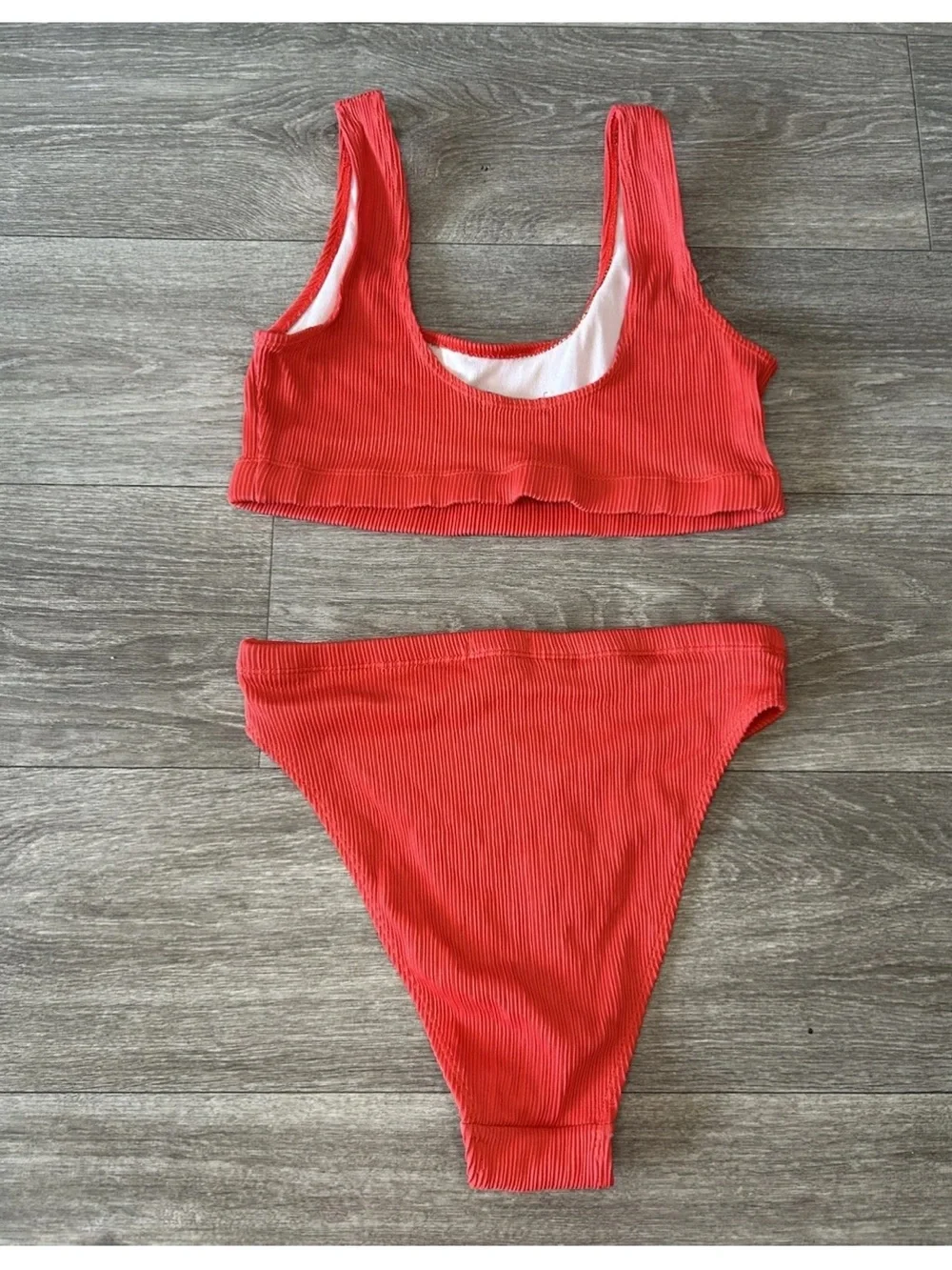 Nasty Gal Ribbed Red High Waist Bikini Set XS High Cut Scoop Neck